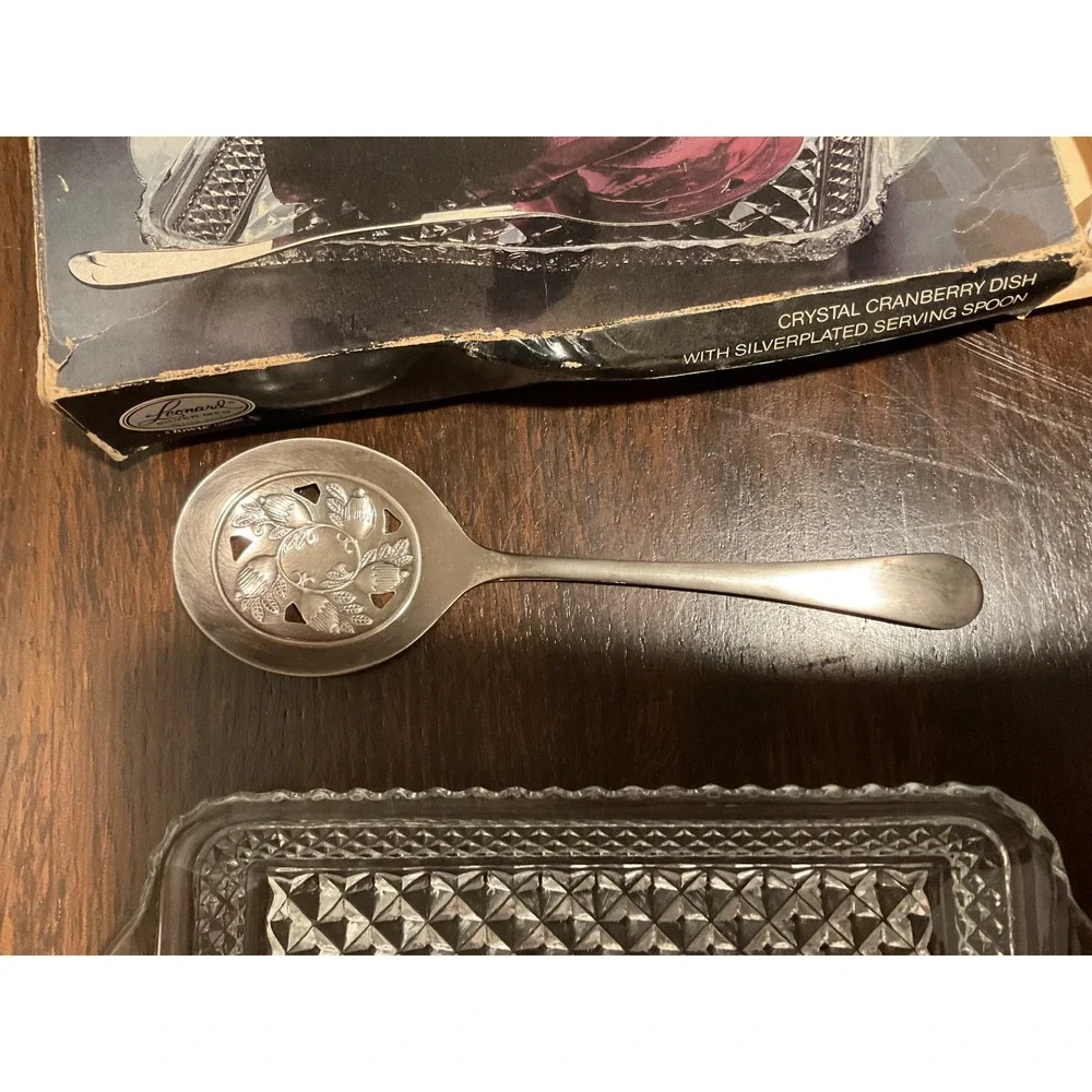 Leonard Crystal Cranberry‎ Dish with Silverplated Serving Spoon Set Vintage